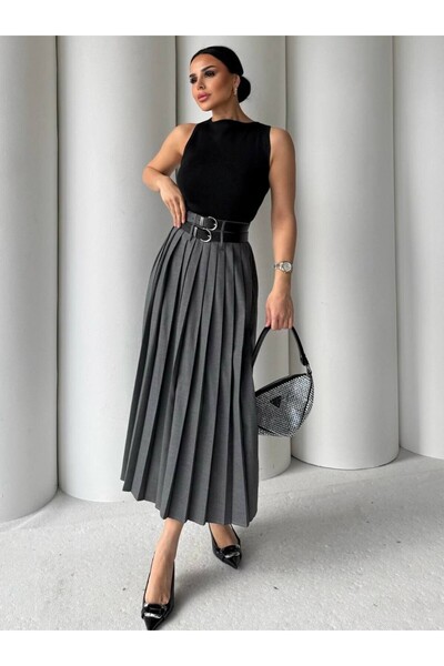 cemo Kadın Pileli Yüksek Bel Kemer Detaylı Midi Etek