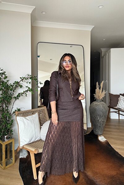 Sohotique By P Lace Paneled Jean Skirt Brown