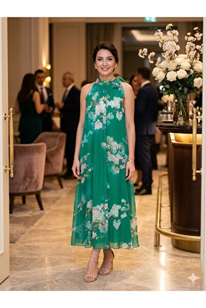 AYASOFYA OTANTIK Rochie de damă italiană verde cu guler B cu detaliu cu șnur ...