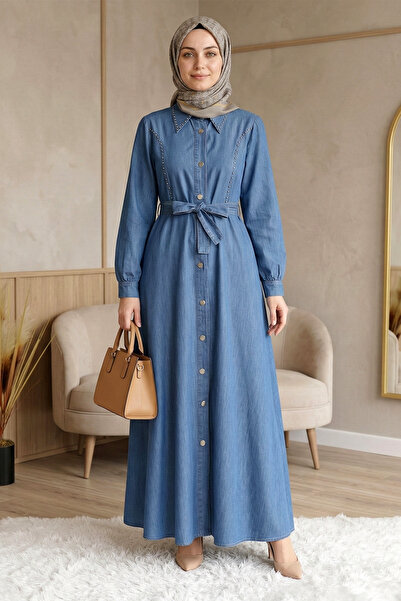 FERHEL Γυναικείο τζιν φόρεμα με Με δέσιμο κουμπιά στη μέση και λεπτομέρεια απ...