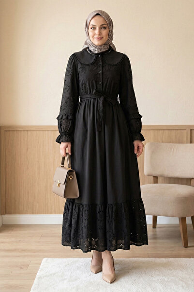FERHEL Hijab Dress with Peter Pan collar Buttons, Eyelet Embroidery Pieces, L...