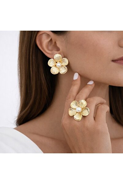 SE Jewellery Collection Selin Ersoy İncili Çiçek Model Kadın Küpe Yüzük Seti ...