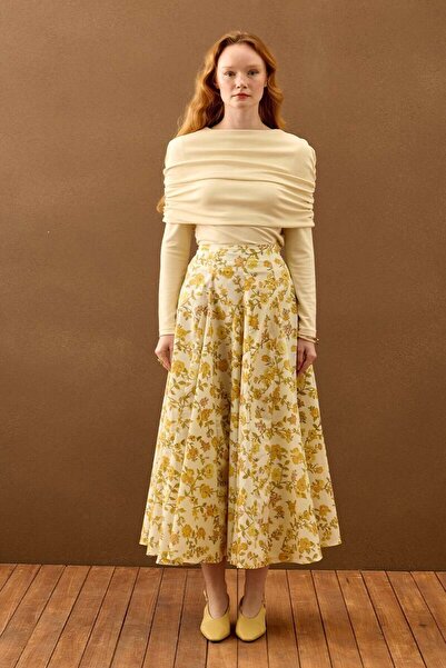 Ceylan Otantik Sarı Çiçek Desenli Parçalı Etek