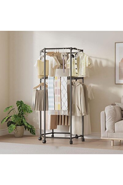 Arabest رف ملابس سداسي الشكل بعجلات، حامل تجفيف ملابس بطول 68 بوصة مزود بعجلا...