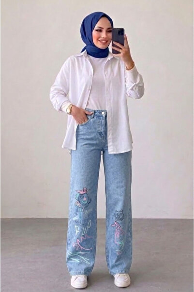 Tesettür Diyarı Γυναικείο φαρδύ τζιν παντελόνι με στάμπα - Snow Blue