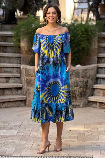 Nevin Kaya Moda V136-Μπλε φόρεμα με γιακά Madonna Με έθνικ μοτίβο