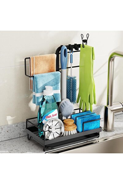 Arabest منظم حوض المطبخ، حامل إسفنج كبير مع رف للمناشف وصينية للتنقيط، أسود