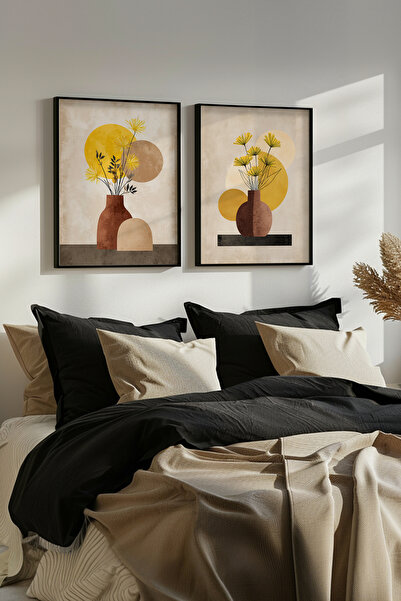 STARYUNA Black Wooden Framed Abstract Vase and Flower Themed Double Painting ...