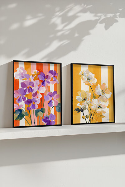 STARYUNA Black Wooden Framed Colorful Flower Themed Double Painting Set Yuna604