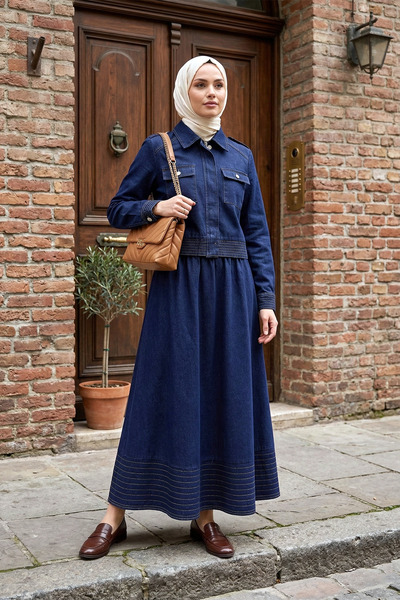 MODAQU Seam Detail Zippered Denim Jacket Skirt Set - Navy Blue