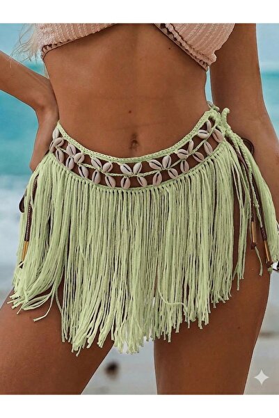 PERLMUTT Kadın Boho Stil Püsküllü Pareo Etek Deniz Kabuklu Bikini Üstü Plaj K...