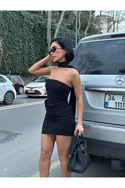 NEW JOURNAL Γυναικείο Μαύρο Σάλι με Λεπτομέρειες ντραπέ Στράπλες Μίνι Φόρεμα ...