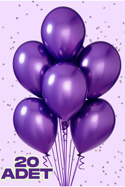 Parti Zamanı 20 Adet Metalik Mor Parlak Balon Doğum Günü Kutlama Süs ve Malze...