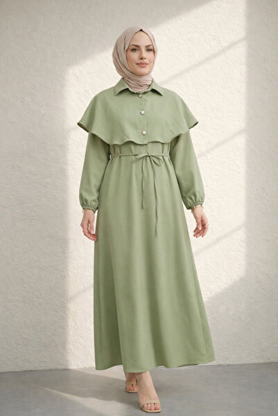 Kirazgym Women's Cape Detailed Belted Hijab Dress - Çağla
