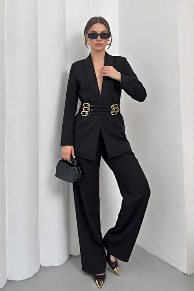 Women's Black Double Suit Stylish Gold Belted Padded Blazer Jacket Wide Leg Pants Set