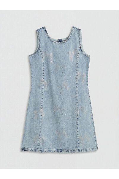 LC Waikiki Φόρεμα τζιν για κορίτσια με μπλε φιόγκο και πέτρες από το κατάστημ...
