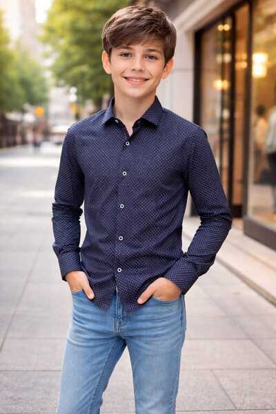GS TEKSTİL Children's Patterned Shirt Navy Blue
