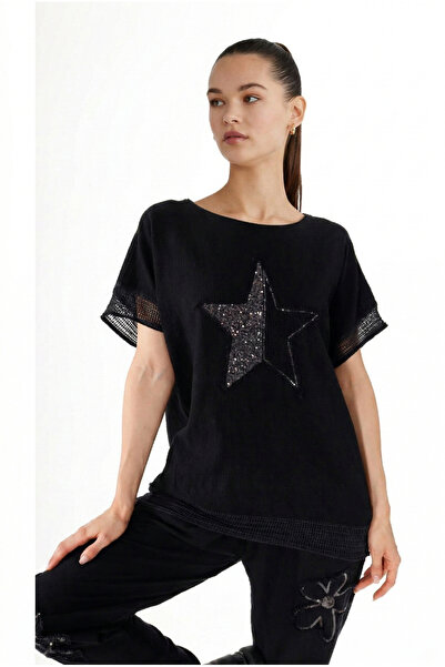 NEW JOURNAL Women's Black Starry Sequined Linen Blouse Nj119