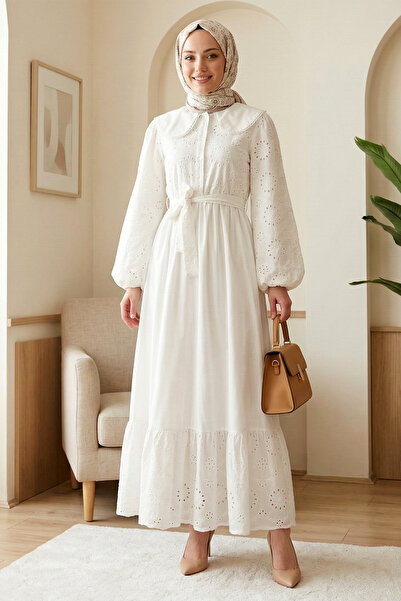FERHEL Hijab Dress with Peter Pan collar Buttons, Eyelet Embroidery Pieces, L...