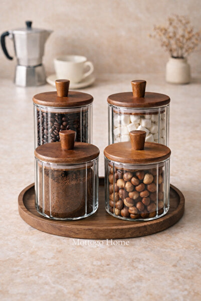 Mottogo Coffee Corner Jar Set Acacia Lid Glass Jars 4-Piece with Wooden Tray ...