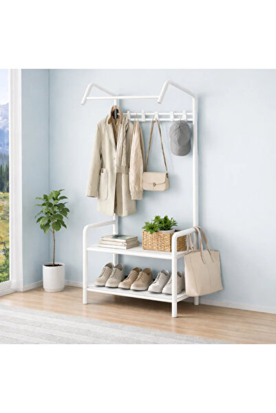 MODALITE 2 in 1 Clothes and Shoe Rack, Foldable Metal Stand, Hanger Bar, White