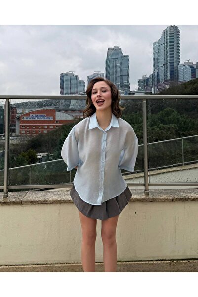 NEW JOURNAL Women's Blue Oversized Capri Sleeve Shirt Yel221818