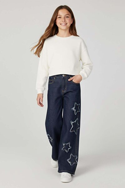 DMB BOYS & GIRLS Pantaloni din denim cu picior larg, brodați cu stele, pentru...