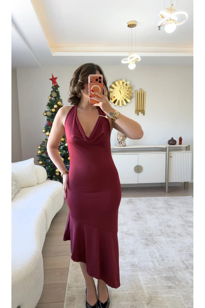 MEHTAP TURHAN Faye Çapraz Pileli Gold Toka Detaylı Elbise