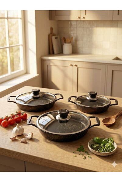 CHEFTİME Premium 6'lı Granit Tava Seti Cam Kapaklı Sahan Döküm Siyah (18-20-2...