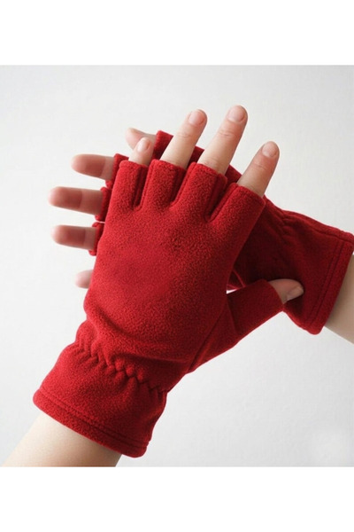 Mrey Women's Red Cut Finger Fleece Winter Gloves Winter Cut Gloves Ankle Elas...