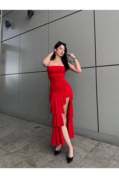 NEW JOURNAL Women's Red Ruffle Detail Slit Strapless Maxi Dress Yel221820