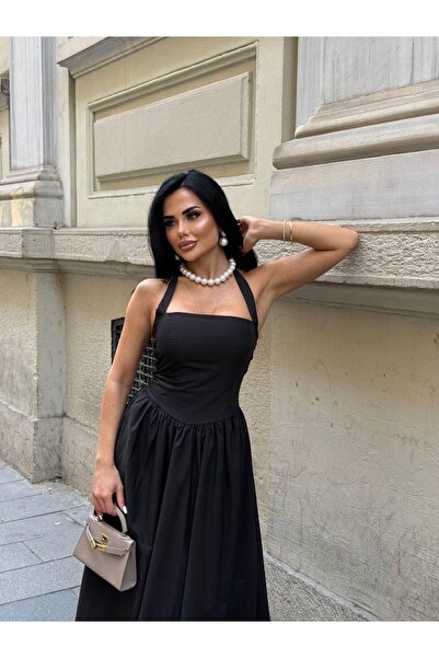 NEW JOURNAL Γυναικείο μαύρο μάξι φόρεμα με λεπτομέρεια στην πλάτη YEL221713