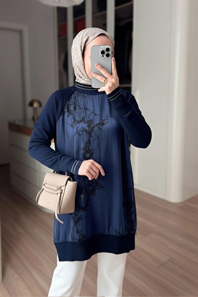 Ka Hijab Gold Zipper Silk Cupra Mercerized Tunic - Navy Blue