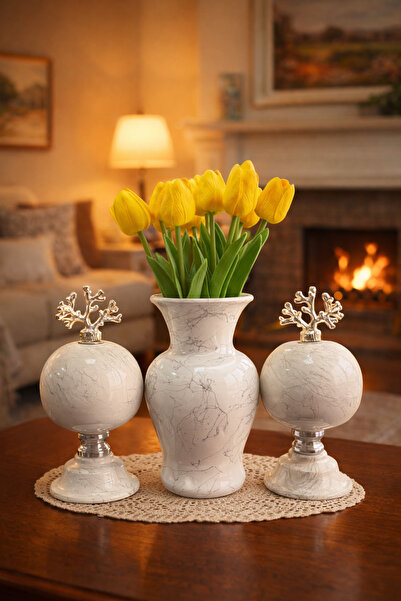 daiza home Salon Seti Dekoratif 2 li Küre Beyaz Mermer Feri Vazo Beyaz Mermer...