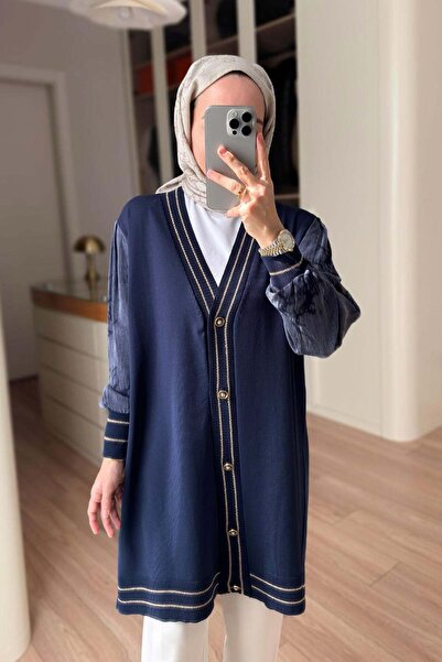 Ka Hijab Stripe Detail Silk Cupra Mercerized Cardigan - Navy Blue