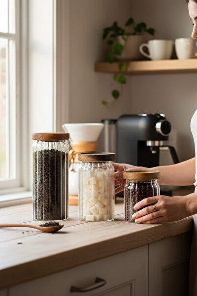 Akayev عبوة من 3 قطع من الزجاج البوروسيليكات مع أغطية من خشب الأكاسيا، سعة 50...