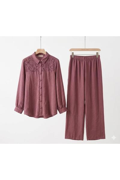 ÇALIŞKAN MODA DANTEL DETAYLI GÖMLEK YAKA AEROBİN TUNİK PANTOLON İKİLİ TAKIM [...
