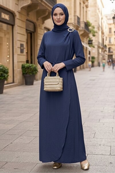 Bestenur Sueda Buckled Hijab Dress 1699 - Navy Blue