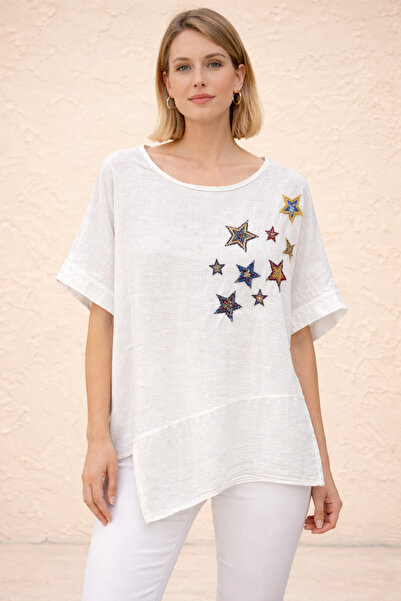 NEW JOURNAL Women's White Starry Sequined Asymmetrical Linen Blouse Nj120