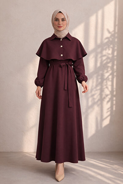 Kirazgym Women's Belted Hijab Dress with Cape Detail - Plum