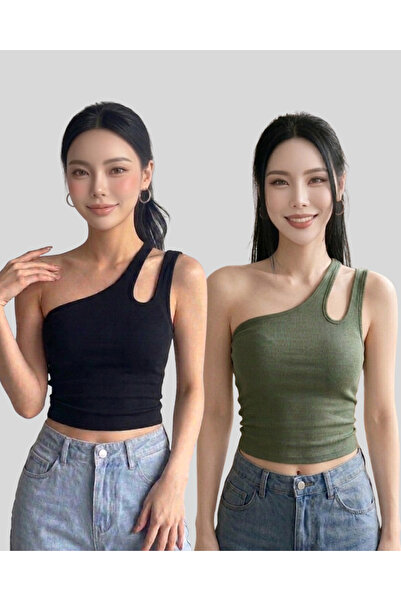 ROSAMİNA Women's 2-Pack Green-Black One-Shoulder Ribbed Knit Top Blouse