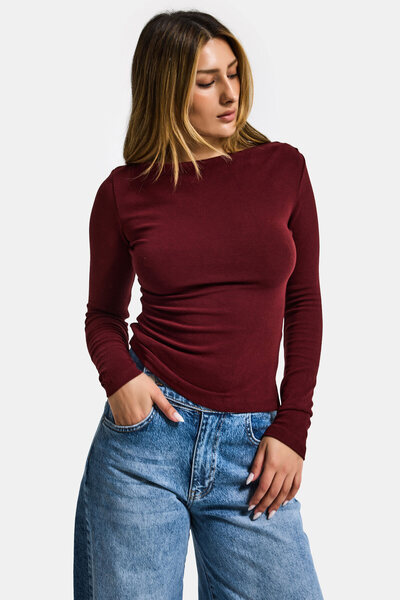 it's basic Kadın Bordo w5 %100 Pamuk Asimetrik Kesim Esnek Bluz Body