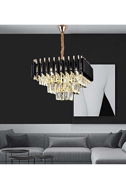 RFAN Candelabru, Model S9001/400x400, Textură Cristal, Metal, 5 X E27, Negru/...