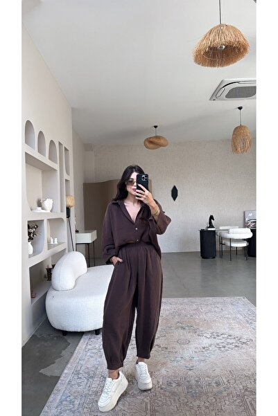 Buket Teke Brown Baggy Pants Shirt Tencel Set