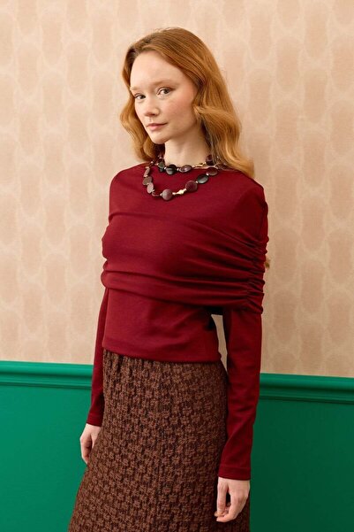 Ceylan Otantik Μπλούζα Βουργουνδίας Ογισό λεπτομέρεια με σούρες