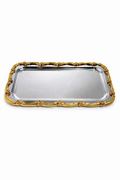 Bereketli Store Gold Varak Detaylı Güllü Kenarlı Dikdörtgen Tepsi | Dekoratif...