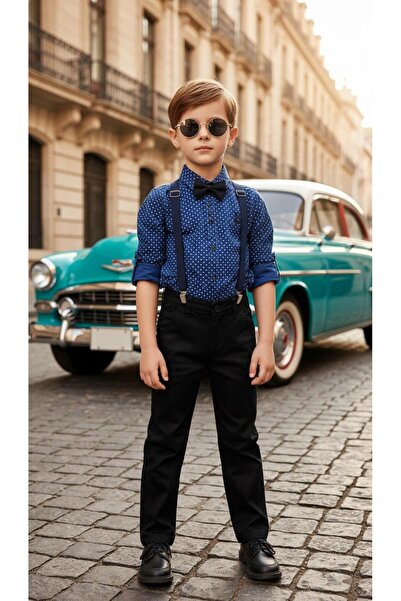Esterella Square Patterned Boy's Suit / Slopet Strap and Bow Tie / Shirt Pant...
