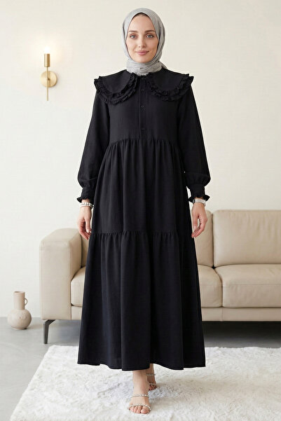 FERHEL Women's Layered Ruffled Peter Pan collar Robadan Hijab Dress - Black