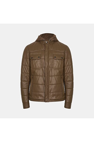 Desa معطف رجالي باللون البيج الداكن ذو ياقة هاكم بغطاء رأس جلد