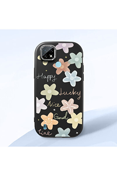 Realme C21 Compatible Shock Absorbing Camera Shielded Black Silicone Case with Flower Pattern
